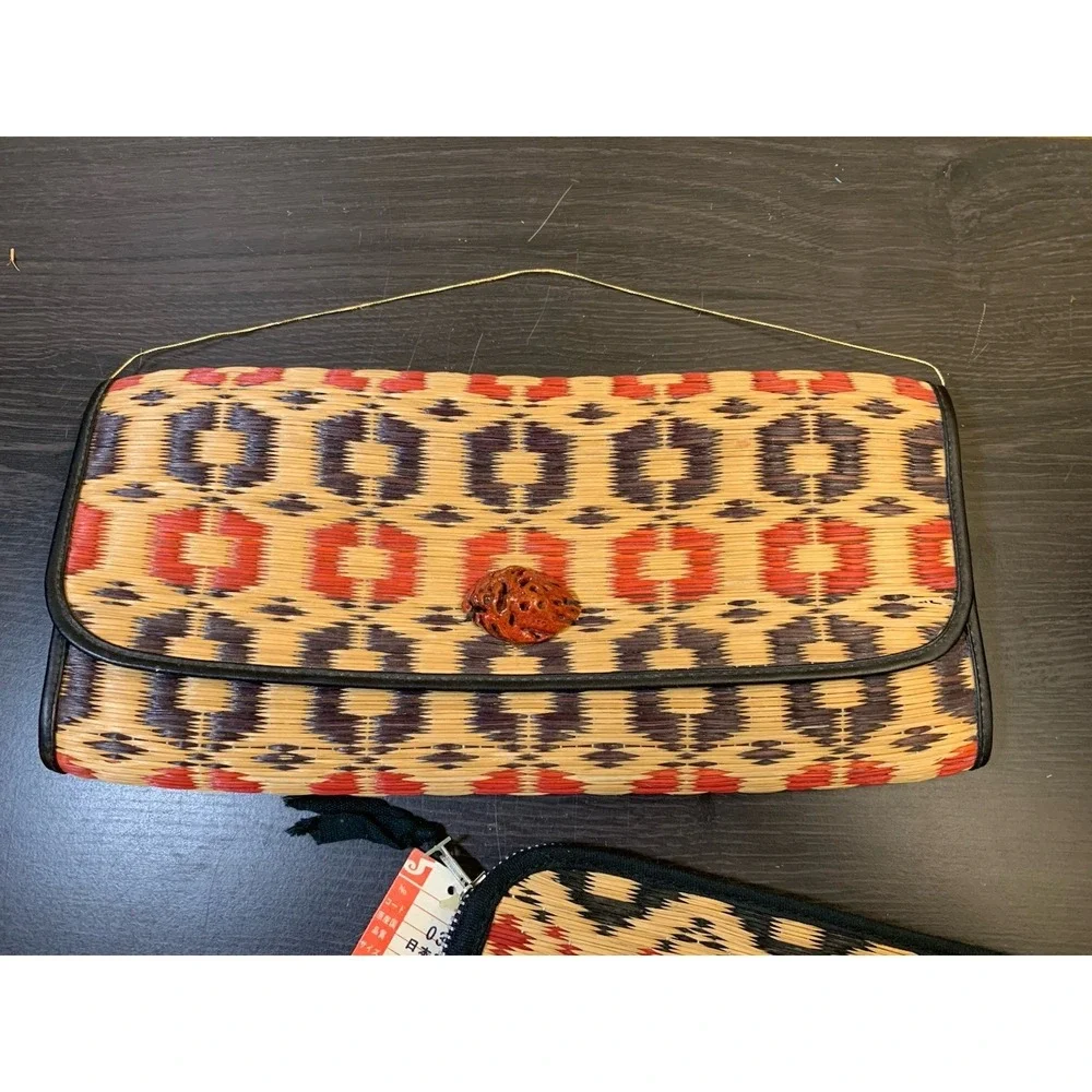 Vintage Hand Woven Straw Raffia Geometric Clutch Japanese Wallet & Pen Case